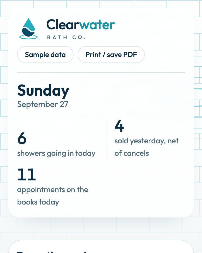 Clearwater sample dashboard on a phone, in deep teal