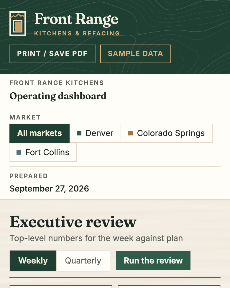 Front Range sample dashboard on a phone, in forest green and maple